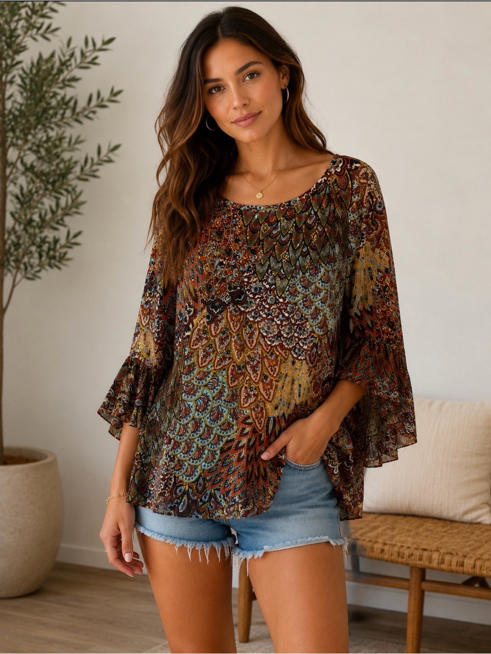 Boho Multicolor Paisley Flutter-Sleeve Blouse